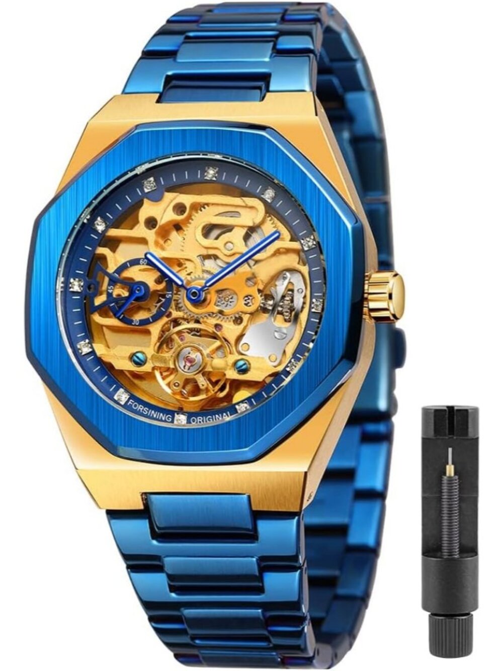 Men's Gold Blue Mechanical Automatic Male Clock Stainless Steel Skeleton Watch